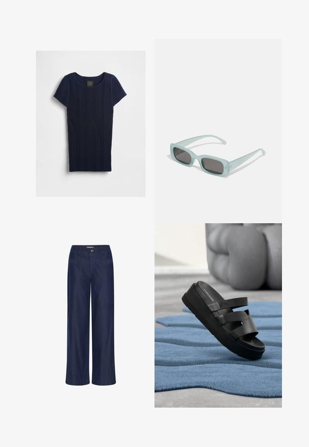 Marineblauw geribd T-shirt met korte mouwen en een ronde halslijn. Het verticale patroon heeft een getextureerde ribbelstructuur. Label toont "GAP".; ICHI IHFlared - Flared Jeans - dark blue; Zwarte wedgeslide sandaal met drie banden, rustend op een golvend gestructureerd blauw vloerkleed, binnen bij een wazige ronde bank.; Een paar rechthoekige zonnebrillen met lichtblauwe doorzichtige monturen en donkergrijze glazen, met rechte pootjes en minimale hardwaredetails.