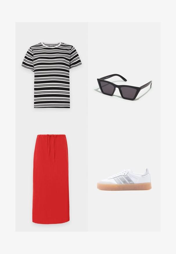 T-shirt noir et blanc à manches courtes avec des rayures horizontales de largeurs variées et un col rond classique. Tissu en coton doux.; Jupe rouge, longueur genou, fabriquée en tissu léger avec une taille élastique et un cordon de serrage pour un ajustement modulable. Texture lisse, sans motifs visibles.; Baskets basses blanches avec semelle gomme, accents argentés rayés sur le côté, et fermeture à lacets, présentées sur un fond clair uni.; Lunettes noires angulaires avec des verres gris ; fabriquées en plastique, avec des branches épaisses à la surface lisse et sans matériel visible.