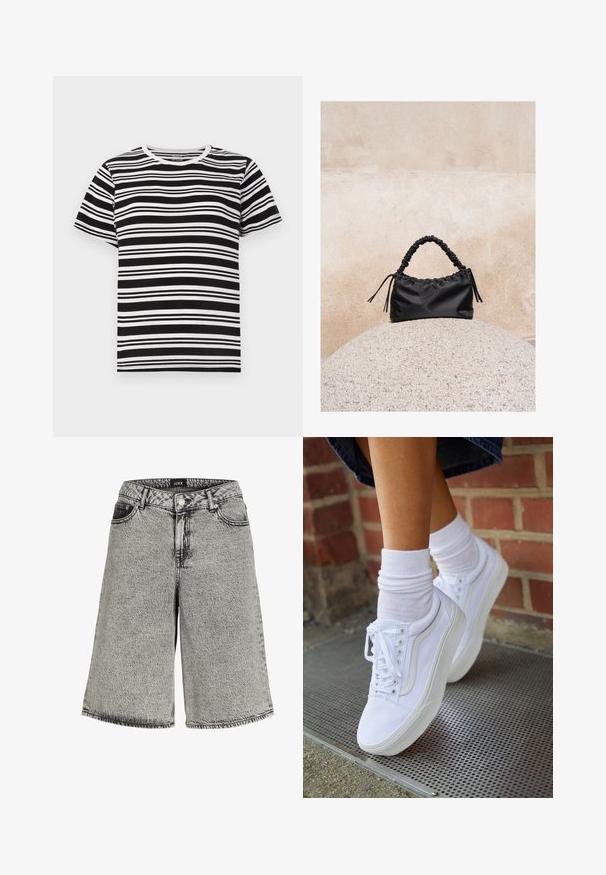 Sort og hvid kortærmet t-shirt med horisontale striber i varierende bredder og en klassisk rund halsudskæring. Blødt bomuldsstof.; Denimshorts i falmet sort med løs pasform, der har høj talje, fem-lomme design og synlige syninger.; Hvide lærreds sneakers med gummisåler, der har seks snørehuller, rund tå og let sømdetaljer, krydret med hvide ankelstrømper.; Sort håndtaske med rynkede detaljer og et samlet håndtag, hvilende på en tekstureret stensfære mod en beige betonvæg.