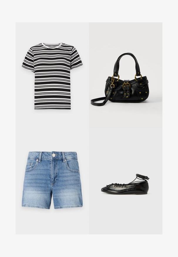 Sort og hvid kortærmet t-shirt med horisontale striber i varierende bredder og en klassisk rund halsudskæring. Blødt bomuldsstof.; Lyseblå denimshorts med knaplukning foran, lynlåslukning, bæltestropper og forlommer på en ens hvid baggrund.; Sorte balletflade sko i laklæder med rundet tå, snørelukning og flad sål. Glat tekstur med få detaljer.; Sort læderhåndtaske med guldbælge og nitdetaljer, korte håndtag og en justerbar skulderrem på en ensfarvet hvid baggrund.