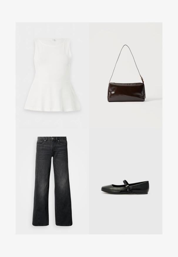 Hvid ærmeløs peplum top med rund halsudskæring og figursyet talje, vist fladt på en ensartet hvid baggrund.; Viddeben jeans i mørkegråt denim, med klassisk femlommersdesign, let falming og metalhardwaredetaljer ved linningen.; Sorte læder balletflade med rund tå, flad sål og en tynd justerbar rem over svangen med en metalspænde.; Mørkebrun rektangulær læder skuldertaske med en enkelt tynd rem og spænde i guldton på en ensfarvet baggrund.