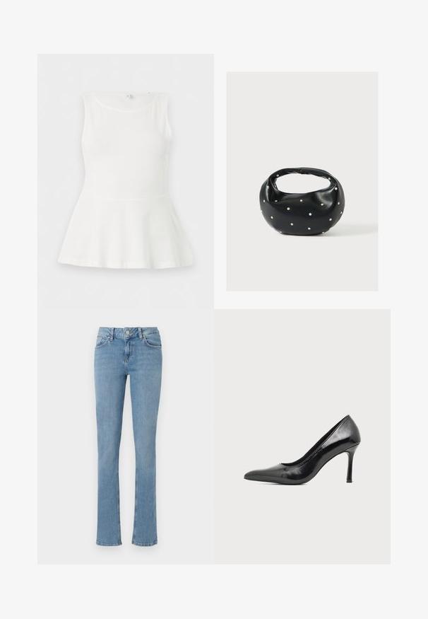 Top blanco sin mangas con peplum, cuello redondo y cintura ajustada, presentado plano sobre un fondo blanco liso.; Jeans de mezclilla azul claro con pierna acampanada, que presentan un diseño estándar de cinco bolsillos, cierre de botón y detalles de costura visibles.; Zapato de tacón alto de mujer en piel negra patentada, con punta puntiaguda y tacón delgado, sobre un fondo claro y liso.; Bolso de mano de cuero negro con forma redondeada, decorado con detalles de tachuelas plateadas y un asa corta. Textura lisa y cierre con cremallera.