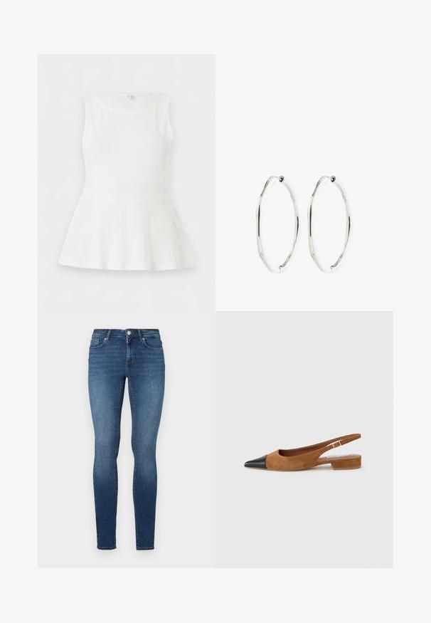 Ärmelloses weißes Peplum-Top mit rundem Ausschnitt und tailliertem Schnitt, flach auf einem schlichten weißen Hintergrund präsentiert.; Eng geschnittene Jeans aus dunkelblauem Denim, mit fünf Taschen, einem Frontknopf und einem Reißverschluss. Der Stoff hat eine glatte Textur mit leichten Ausbleichungen.; Brauner Veloursleder-Slingback-Schuh mit schwarzer, spitzer Zehenpartie, niedrigem Blockabsatz und offener Seite für bessere Belüftung.; Paar silberfarbene ovale Creolen mit leicht unregelmäßiger, wellenförmiger Form und Scharnierverschluss vor weißem Hintergrund.