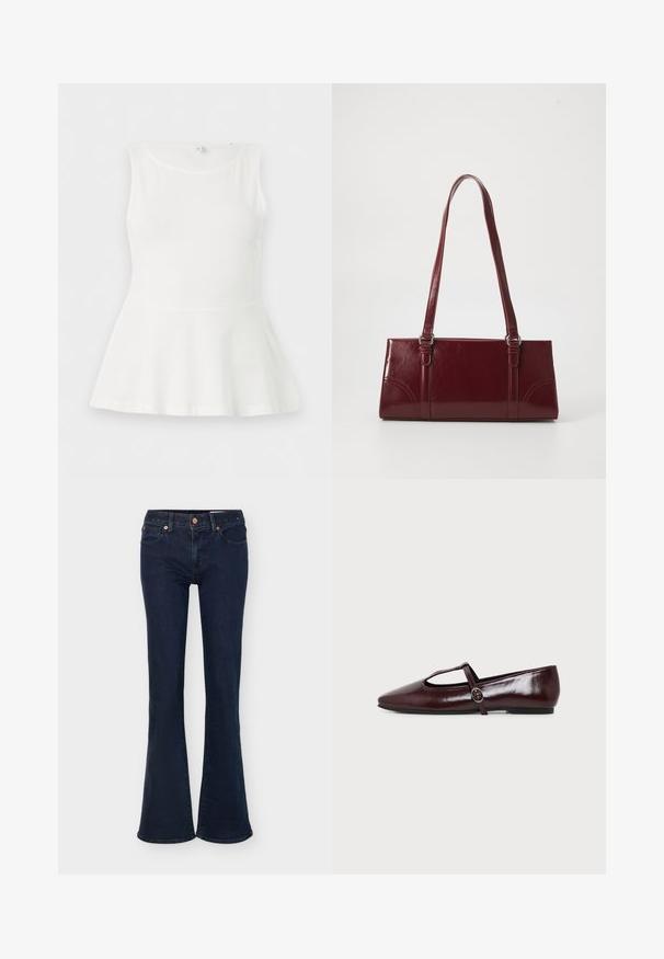 Haut blanc sans manches avec basque, encolure ronde et taille cintrée, présenté à plat sur un fond blanc uni.; Jean en denim bleu foncé avec taille haute, fermeture par bouton et zip, poches avant et jambes évasées.; Chaussure plate en cuir bordeaux foncé avec un bout pointu et une fine bride en T avec une boucle argentée sur fond blanc.; Sac à main bordeaux en matériau brillant, de forme rectangulaire, avec deux anses et des accents légèrement courbés à l'avant.