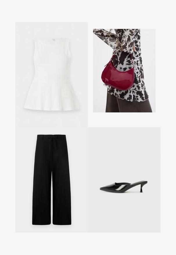 Ärmelloses weißes Peplum-Top mit rundem Ausschnitt und tailliertem Schnitt, flach auf einem schlichten weißen Hintergrund präsentiert.; Weite schwarze Leinenhosen mit einem elastischen Taillenbund und Knopfverschluss. Merkmale eine glatte Textur und eine fließende Silhouette.; Schwarze Lackleder-Mules mit spitzem Zeh, niedrigem Kitten-Heel und geschwungenen Seiten, die ein glänzendes Finish und ein minimalistisches Design aufweisen.; Frau trägt eine schwarz-weiß gemusterte Bluse und hält eine glänzende rote Schultertasche vor einem einfarbigen Hintergrund.