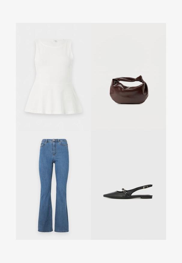 Top blanco sin mangas con peplum, cuello redondo y cintura ajustada, presentado plano sobre un fondo blanco liso.; Vaqueros de campana azules hechos de denim, con una cintura alta, costuras en contraste y un cierre de botón único en la parte frontal.; Zapatos slingback de cuero negro con punta afilada, que cuentan con una correa estrecha y un detalle de hebilla plateada en el lateral. Suela plana.; Bolso de hombro de cuero marrón oscuro con una forma suave y caída, y un asa con nudo torcido sobre un fondo blanco liso.