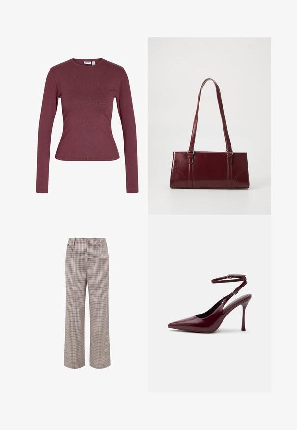 Langärmige aansluitende top in effen donker mauve met ronde halslijn zonder patronen of versieringen.; Geverfde broek in beige, rood en marineblauw. Ruime snit met een op maat gemaakte taille en plooien, voorzien van een gestructureerde stofafwerking.; Glanzende bordeauxrode hoge hak met puntige neus, enkelriem en gesp, slanke stilettohak, zijaanzicht op een effen achtergrond.; Bourgondische handtas van glanzend materiaal, rechthoekige vorm, met twee schouderbanden en subtiele gebogen accenten aan de voorkant.