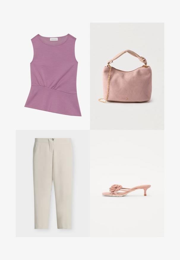 Top sin mangas de color lila con escote redondo y detalle fruncido en la cintura, con ligera apertura en el dobladillo.; Pantalones beige a medida con pierna recta, bolsillos laterales y cierre frontal con cremallera. Tejido liso con un diseño limpio y minimalista.; Chanclas de color rosa claro con un detalle texturizado de flor en la tira y un tacón pequeño. Material suave y diseño abierto.; Bolso de ante rosa suave con asa anudada, cremallera dorada y detalle de cadena dorada contra fondo claro.