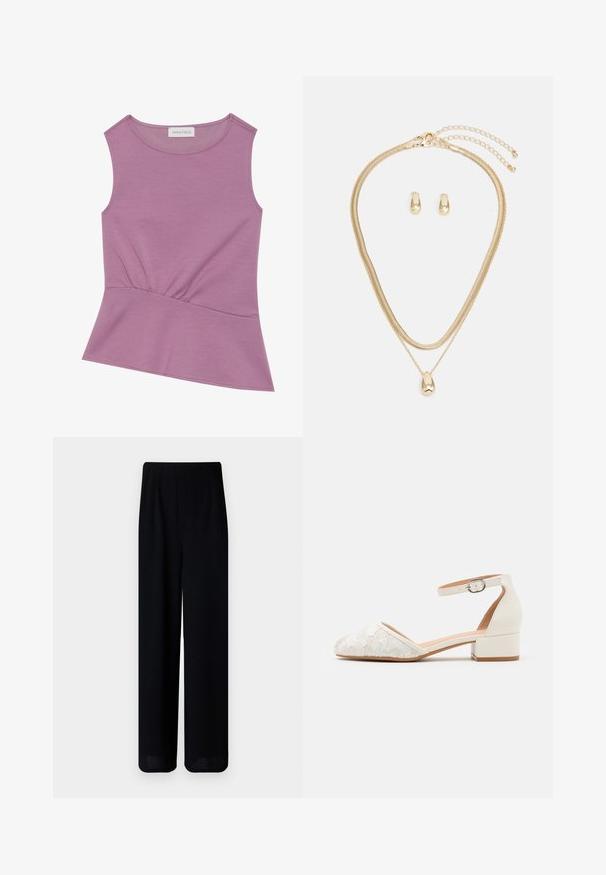 Haut lilas sans manches avec décolleté rond et détail froncé à la taille, s'évasant légèrement à l'ourlet.; Vero Moda Petite VMLIVA SUPER WIDE PANTS - Pantalon classique - black; Chaussure blanche à bride de cheville en dentelle avec un petit talon carré et un design à bout pointu. Doublure intérieure lisse, dessus en dentelle texturé et détail de boucle.; Ensemble de bijoux en or comprenant un collier superposé avec un pendentif en forme de goutte et des boucles d'oreilles créoles assorties, le tout avec une finition polie.