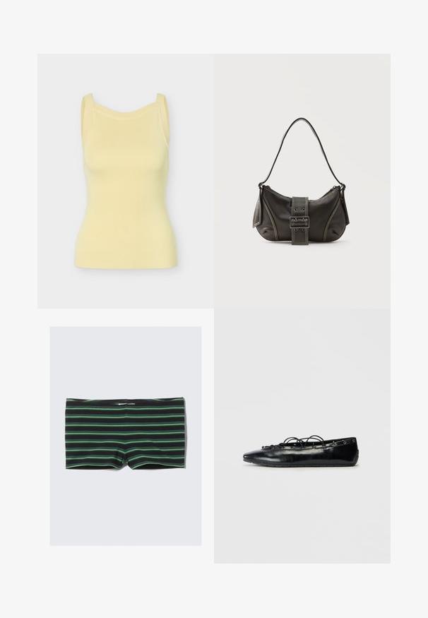 Débardeur en maille côtelée sans manches de couleur jaune pâle avec de larges bretelles et un décolleté légèrement arrondi.; Shorts de bain noirs à rayures horizontales vertes. Fabriqués en tissu extensible, ils disposent d'une taille sans coutures et d'une coupe ajustée.; Bottine plate noire à bout pointu avec un laçage à l'avant et des œillets le long des bords, présentée sur un fond blanc.; Sac à épaule en cuir noir avec une sangle à boucle, des bords arrondis et des coutures blanches contrastées sur un fond uni.