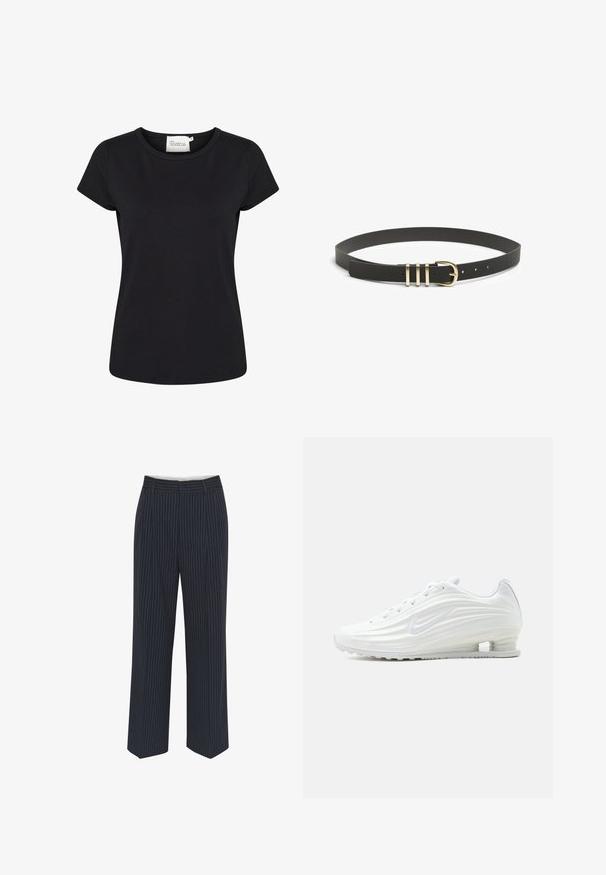 T-shirt noir à manches courtes en coton lisse. Caractéristiques d'un col rond et d'une coupe ajustée. Aucune motif ni détail supplémentaire.; Pantalons bleu marine avec des rayures verticales blanches, design à jambes larges, tissu lisse, passants de ceinture et pli sur le devant pour un look ajusté.; Chaussure de sport Nike blanche avec des motifs ondulés texturés et un coussin d'air visible dans la semelle, vue de côté sur un fond neutre.; Ceinture en cuir noir texturé avec une boucle en métal doré comportant trois barres horizontales et de nombreux trous d'ajustement.