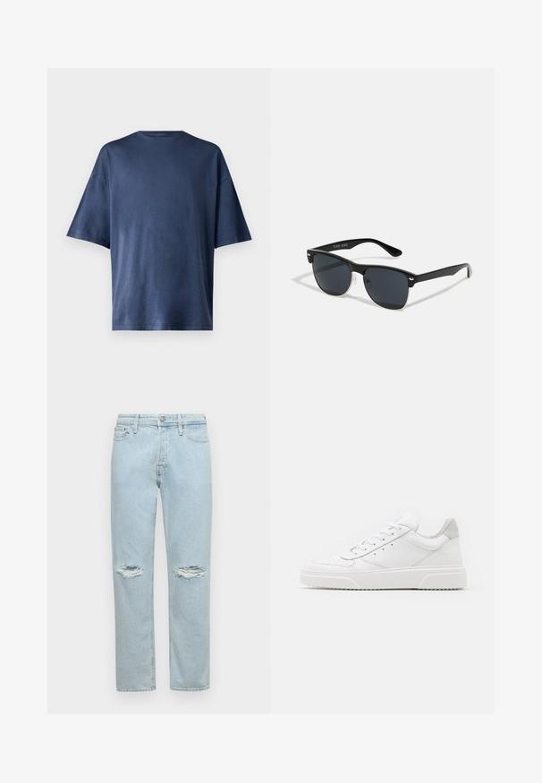 Marineblaue Kurzarm-T-Shirt aus weichem Stoff, mit klassischen Rundhalsausschnitt und lockerer Passform, ohne sichtbare Muster oder Akzente.; Helle blaue Denim-Jeans mit geradem Schnitt, zwei abgeriebenen Kniepatches und klassischem Fünf-Taschen-Design mit Druckknopfverschluss.; Weiße Leder-Sneaker mit glatter Oberfläche, rundem Zehenbereich, flachen Schnürsenkeln und strukturiertem Schuhsohlen. Graues Wildleder-Detail an der Ferse.; Schwarze Sonnenbrille mit rechteckiger Form, dunklen Gläsern, silbernen Akzenten an den Bügeln und mattierter Oberfläche des Rahmens.