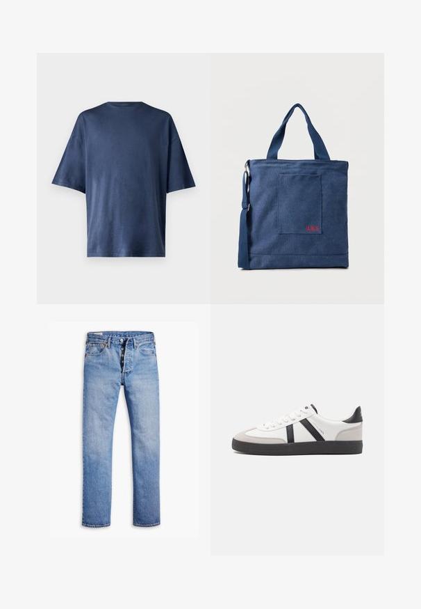 T-shirt navy bleu à manches courtes, fabriqué en tissu doux, présente un col rond classique et une coupe décontractée, sans motifs ni accents visibles.; Jeans en denim bleu clair avec une coupe droite, une fermeture à cinq boutons, des passants de ceinture et un délavage subtil. Dispose de deux poches avant et de rivets en cuivre.; Baskets blanches avec des accents noirs et gris, présentant un embout texturé gris, une semelle en caoutchouc noir et des lacets plats blancs. Design épuré, style minimaliste.; Sac fourre-tout en toile bleue avec poche frontale et broderie rouge "O.N.S", doté de doubles poignées et d'une bandoulière réglable.