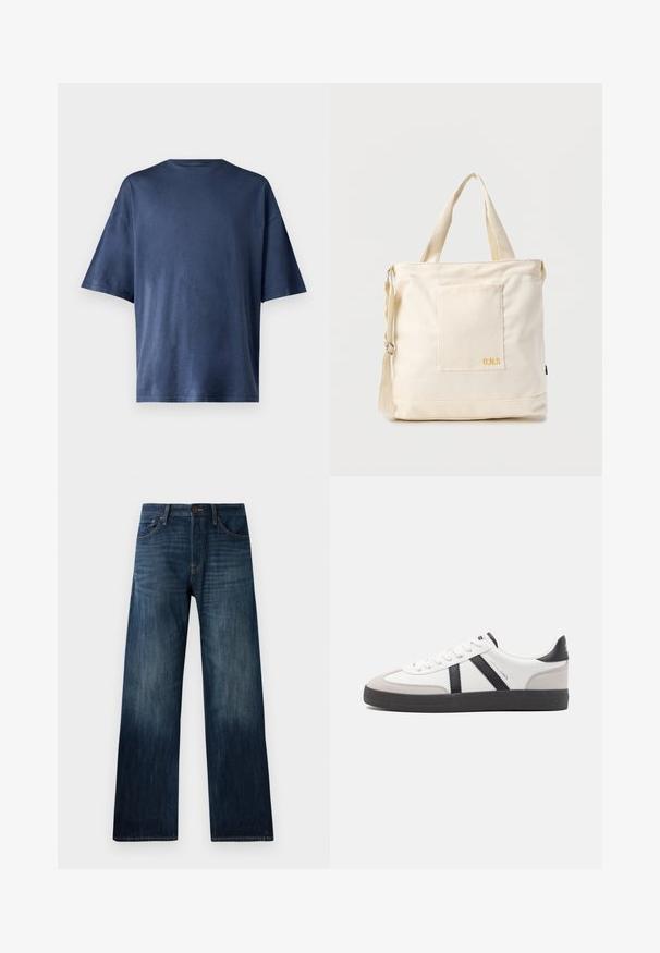 Marineblå kortærmet T-shirt, lavet af blødt stof, har en klassisk rund hals og løs pasform, uden synlige mønstre eller accenter.; Mørkeblå denimjeans med lige ben, der har en let tekstur, bæltestropper og en klassisk fem-lomme stil.; Hvide sneakers med sorte og grå detaljer, med en tekstureret grå tåhætte, sort gummisål og flade hvide snørebånd. Rent design, minimalistisk stil.; Kremfarvet lærredstote-taske med frontlomme, to håndtag, justerbar skulderrem og lille gul "O.N.S" tekst i nederste højre hjørne af lommen.
