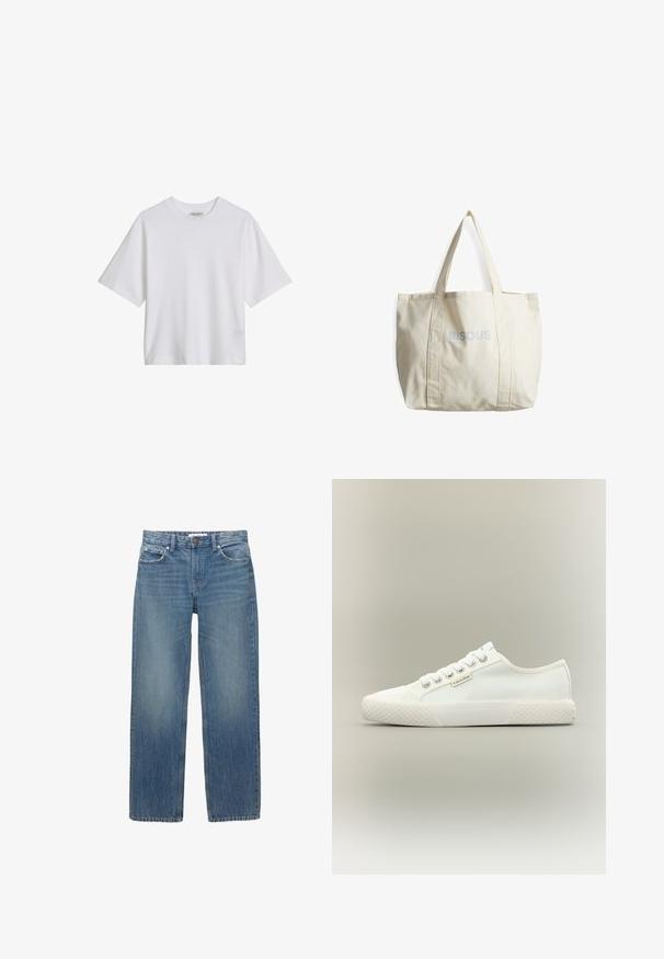 T-shirt blanc en coton à manches courtes avec col rond, coupe ample, devant uni avec étiquette de col visible sur fond uni.; Jeans en denim bleu clair à coupe droite, avec cinq poches et des éléments en métal de couleur cuivrée. Le tissu présente une légère décoloration et une texture douce.; Baskets basses blanches en toile avec semelle en caoutchouc texturée, lacets blancs et petite étiquette Calvin Klein sur le côté.; Sac fourre-tout en crème avec deux poignées, fabriqué en tissu résistant, présentant des coutures cousues et un texte imprimé "BISOU" en bleu clair.