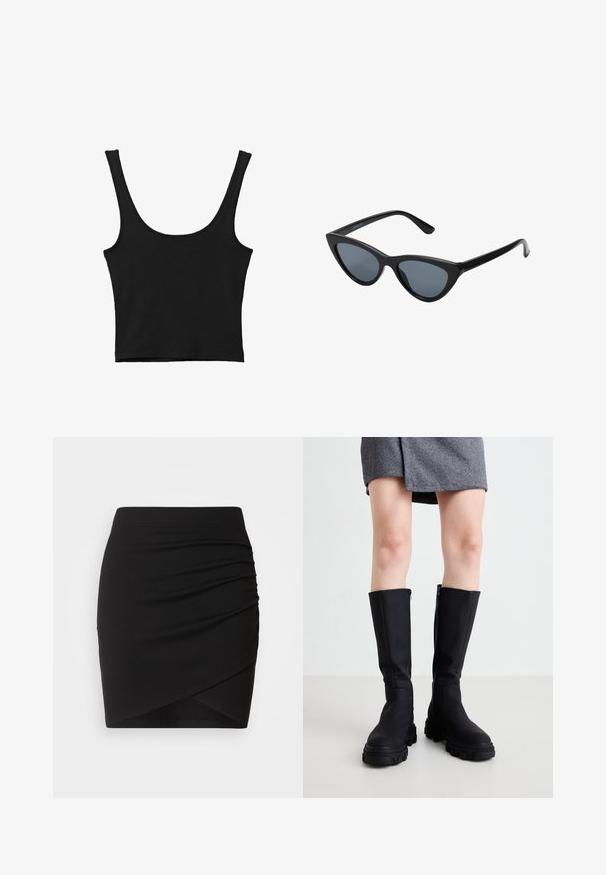 Sort cropped tank top med brede skulderstropper, lavet i blødt materiale, med en glat tekstur og et minimalistisk design.; Sort mini nederdel lavet af strækstof, med en rynket design og en omslagssilhuet, der har en glat tekstur og en tætsiddende talje.; Sorte knæhøje støvler med en glat overflade, kraftige såler og en diskret lynlås på siden. Stilfuldt parret med en grå herringbone nederdel.; Sorte katteøje solbriller med mørkegrå linser, slankt plastisk stel, spidse hjørner og lige stænger. Ingen synlig hardware eller dekorationer.