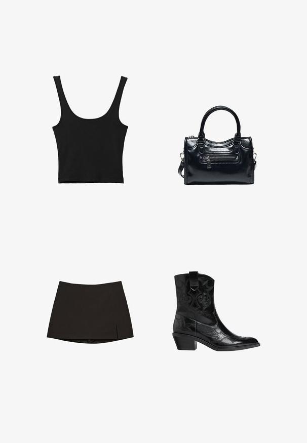 Zwarte gemakkelijke crop top met brede schouderbanden, gemaakt van zachte stof, met een gladde textuur en een minimalistisch ontwerp.; Zwarte minirok gemaakt van gladde stof, met een rechte snit, zijopeningen en een nette zoom. Eenvoudig en veelzijdig.; Zwarte leren cowboylaarzen met een spitse neus, decoratieve stiksels en een lage blokhak. Voorzien van een treklip voor gemakkelijke instap.; Zwarte glanzende leren handtas met twee handvatten, voorvak met rits en afneembare schouderriem op witte achtergrond.