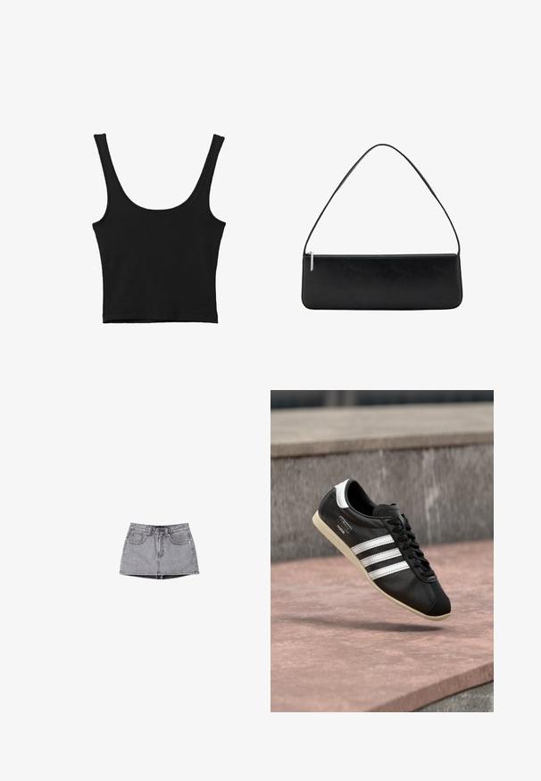 Débardeur noir court avec de larges bretelles, fabriqué à partir d'un matériau doux, présentant une texture lisse et un design minimaliste.; Jupe mini en denim de couleur gris délavé. Comprend une fermeture à boutons, des passants pour ceinture et deux poches avant. Texture lisse avec un effet de lavage subtil.; Baskets en cuir noir avec des rayures blanches et une semelle blanche, lacées, flottant au-dessus d'une surface en béton rosée avec un mur en pierre grise en arrière-plan.; Sac d'épaule rectangulaire noir avec une bandoulière unique et une fermeture éclair argentée le long du bord supérieur, sur fond blanc.
