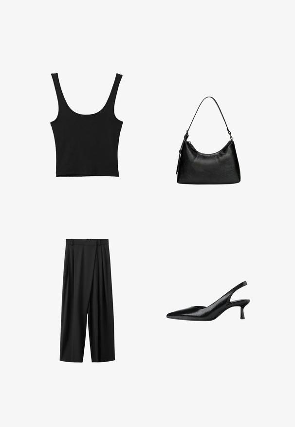 Sort cropped tank top med brede skulderstropper, lavet i blødt materiale, med en glat tekstur og et minimalistisk design.; Sorte bukser med vide ben, høj talje, frontplisseringer, bæltestropper og skjult lukning foran.; Sorte slingback pumps med spids tå, lavet af tekstureret syntetisk materiale, med en slank hæl og et åbent sides_design.; Sort syntetisk læder håndtaske med en buet form, kort håndtag, lynlåslukning og en subtil tekstureret overflade.