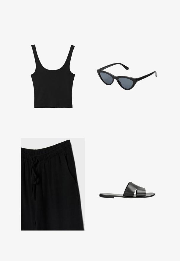 Zwarte gemakkelijke crop top met brede schouderbanden, gemaakt van zachte stof, met een gladde textuur en een minimalistisch ontwerp.; Zwarte broek met een elastische tailleband en trekkoord, met een losse fit en zijzakken. Het materiaal lijkt zacht en lichtgewicht te zijn.; Zwarte leren slip-on sandalen met een brede band met uitsneden, vlakke zool en een gladde textuur, geschikt voor casual draag.; Zwarte cat-eye zonnebril met donkergrijze lenzen, slank plastic frame, puntige hoeken en rechte pootjes. Geen zichtbare hardware of accenten.