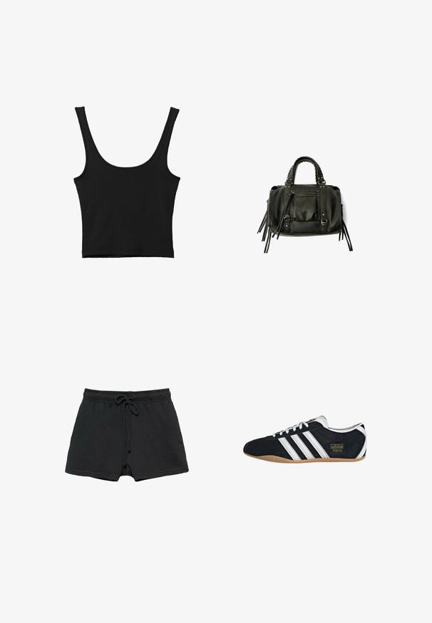 Débardeur noir court avec de larges bretelles, fabriqué à partir d'un matériau doux, présentant une texture lisse et un design minimaliste.; Short décontracté noir avec taille élastique et cordon, doté de poches latérales et d'une coupe ample.; Sneakers en suede noir avec trois bandes blanches, logo doré et semelle en caoutchouc marron. Présente un design à lacets à profil bas.; Sac à main en cuir noir avec des poignées tressées, une poche zippée et des glands suspendus. Surface texturée avec des clous en métal et des accents en métal.
