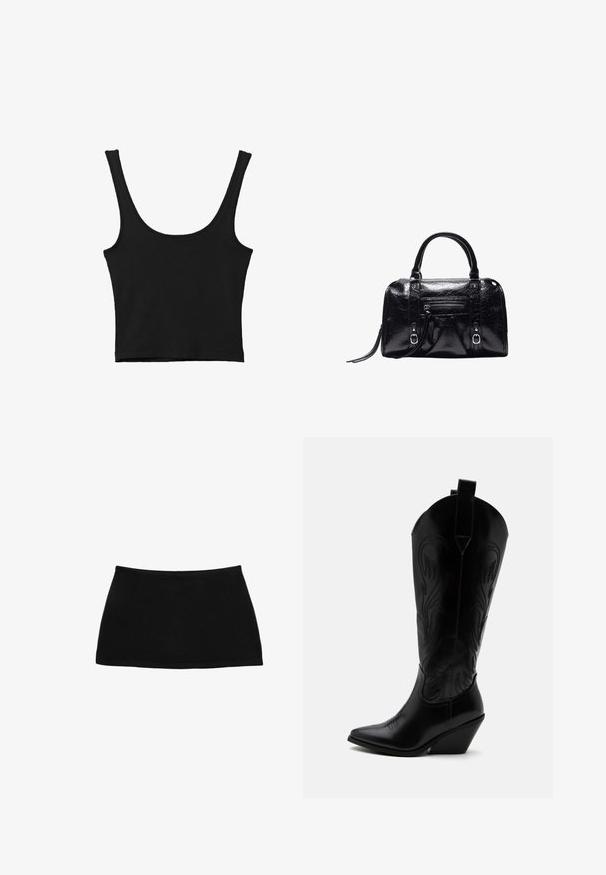 Débardeur noir court avec de larges bretelles, fabriqué à partir d'un matériau doux, présentant une texture lisse et un design minimaliste.; Mini-jupe noire en coton avec une taille ajustée. Texture lisse, design simple et ourlet droit. Pas de motifs ou de pièces métalliques visibles.; Botte de cowboy en cuir noir avec bout pointu, talon bloc incliné, couture décorative et languettes en haut sur fond blanc.; Sac à main en cuir noir brillant avec deux poignées, poche zippée à l'avant, détails avec boucle et bandoulière pour poignet sur fond blanc.