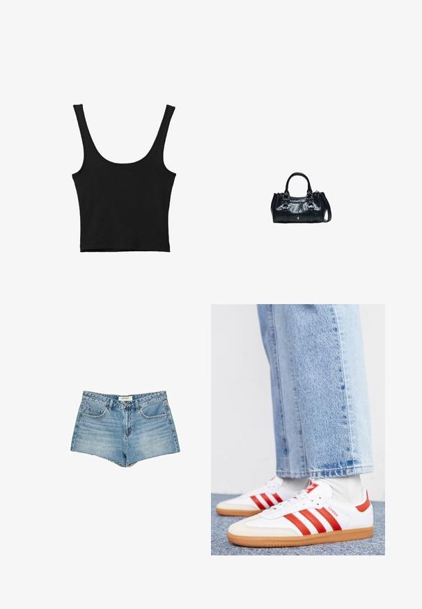 Schwarzes verkürztes Tanktop mit breiten Trägern, aus weichem Material, mit glatter Textur und minimalistischem Design.; Jeansshorts, hellblau, hochgeschnitten, Fünf-Taschen-Design, ausgefranster Saum, standardmäßiger Knopfverschluss, Logotag am Bund.; Weiße Leder Sneaker mit roten Streifen und Akzenten. Verfügt über eine strukturierte Gummi-Laufsohle und einen gepolsterten Schaft. Tragen mit hellblauer Jeans.; Schwarze Lederhandtasche mit zwei oberen Griffen, dekorativen Schnallen und abnehmbarem Schulterriemen auf weißem Hintergrund.