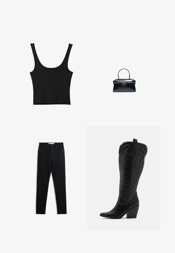 Zwarte gemakkelijke crop top met brede schouderbanden, gemaakt van zachte stof, met een gladde textuur en een minimalistisch ontwerp.; Zwarte denimjeans met een slanke pasvorm, vijf pocketontwerp, metalen hardware en een rits. Soepele textuur met een lichte stretch.; Zwarte leren kniehoge laarzen met puntige neus en gestapelde hak. Voorzien van decoratief stiksel en gebogen designelementen.; Zwarte leren handtas met bovenhandvat, krokodillenstructuur en een dubbele ritssluiting in het midden.