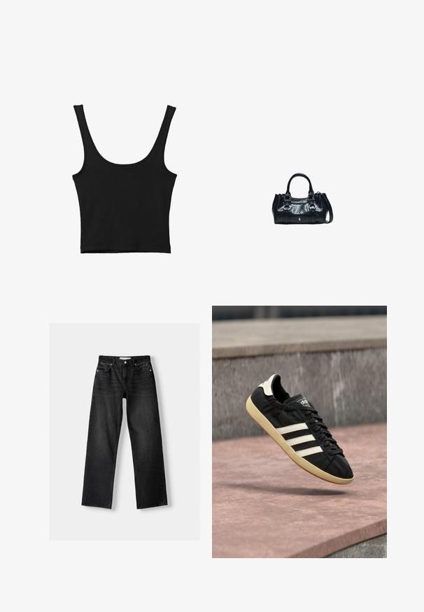 Débardeur noir court avec de larges bretelles, fabriqué à partir d'un matériau doux, présentant une texture lisse et un design minimaliste.; Bershka Jean droit - mottled dark grey; Baskets Adidas noires avec des bandes blanches et une semelle beige, capturées en plein air au-dessus d'une surface en pierre et d'un mur en pierre en arrière-plan.; Sac à main en cuir noir avec deux poignées supérieures, boucles décoratives et une bandoulière amovible sur fond blanc.