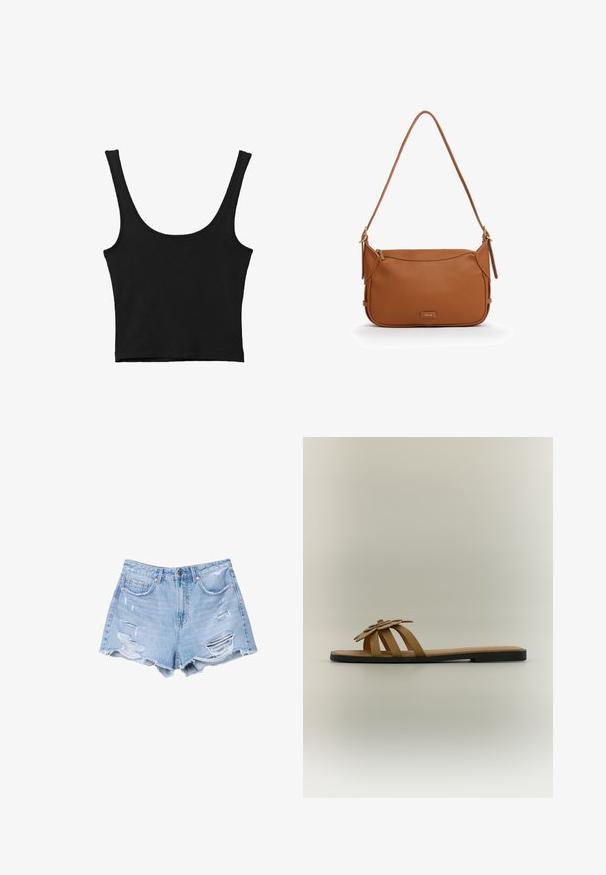 Sort cropped tank top med brede skulderstropper, lavet i blødt materiale, med en glat tekstur og et minimalistisk design.; Lyseblå denimshorts med frynsetkant og slidte detaljer, med forlommer og knaplukning.; Flad brun sandal med tre horisontale remme og en dekorativ blomst på toppen, sort sål, vist mod en ensfarvet beige baggrund.; Brun læder skuldertaske med en enkelt rem, lynlåslukning og en lille rektangulær logopatch foran.