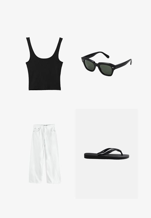 Sort cropped tank top med brede skulderstropper, lavet i blødt materiale, med en glat tekstur og et minimalistisk design.; Hvide, vidde cowboybukser med høj talje, to forlommer og diskrete guldfarvede detaljer. Glat tekstur, afslappet design.; Sort gummiflip-flop med tekstureret fodseng og glat Y-formet rem på en ensfarvet lys baggrund.; Sorte firkantede solbriller med mørkegrønne linser, der har kraftige stel og sølvdetaljer på siderne. Fremstillet i Italien.