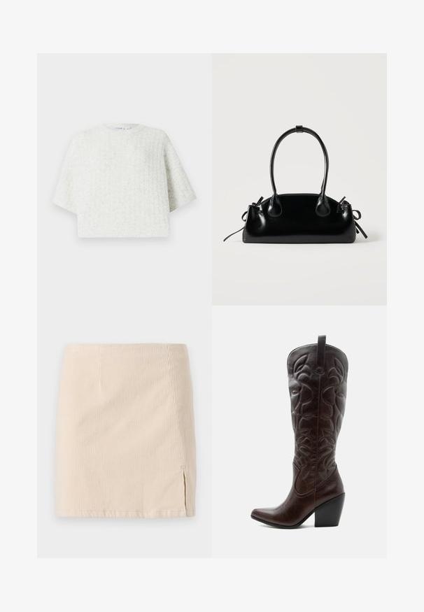 Hvid strikket sweater med rund hals, korte brede ærmer og et tekstureret mønster. Nederkanten er let cropped og fremhæver et hyggeligt design.; Beige corduroy miniskirt med lodret ribbet tekstur, med en sideslids for ekstra detaljer. Kantene er lige og ensartet syet.; Høj mørkebrun læder cowboystøvle med syede dekorative mønstre, spids tå og stablet blokhæle.; Lille sort blank håndtaske med to lange håndtag og snøre-detaljer i siden på en ensfarvet lys baggrund.