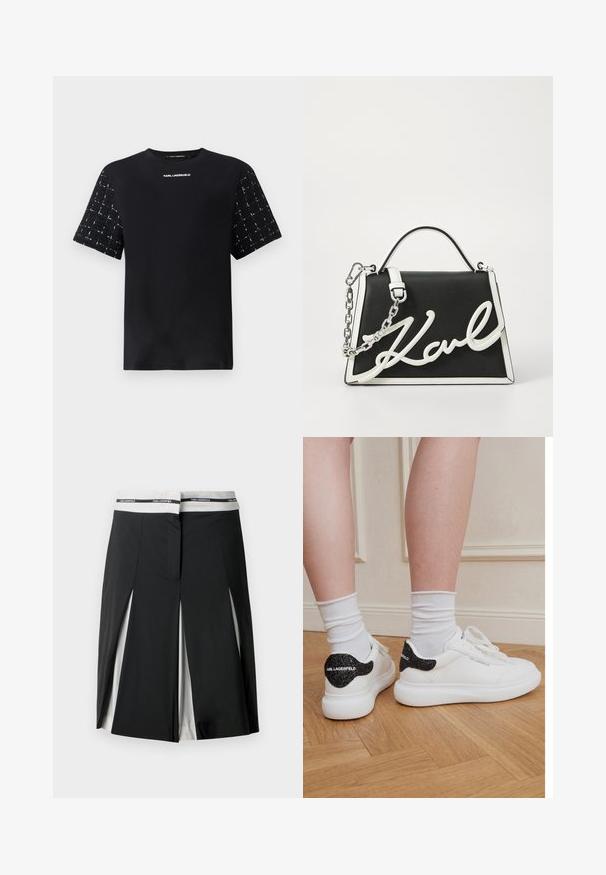 T-shirt noir avec un corps uni et des manches courtes texturées et à motifs. Logo "Karl Lagerfeld" imprimé sur la poitrine en blanc.; Jupe noire midi avec panneaux latéraux et fentes blanches, dotée d'une ceinture blanche avec le logo "KARL LAGERFELD" en noir.; Jambes portant des chaussettes blanches et des baskets blanches Karl Lagerfeld avec des accents pailletés noirs au talon, debout sur un parquet en bois.; Sac à main en cuir noir avec des accents blancs. Dispose d'une bandoulière en chaîne, d'une forme structurée et d'un logo blanc bien en vue. Texture lisse.