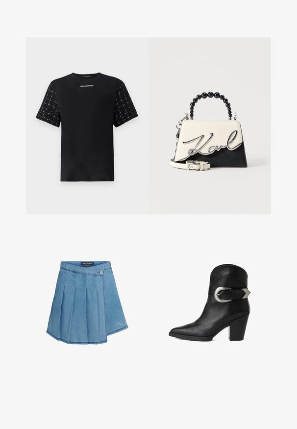 Zwarte t-shirt met een effen lichaam en gestructureerde, gemusterde korte mouwen. "Karl Lagerfeld" logo in het wit gedrukt op de borst.; Denim rok in lichtblauw met geplooid ontwerp, metalen knoopsluiting en geborduurd detail aan de zoom. Gladde textuur en A-lijn vorm.; Zwart leren enkelboot met een spitse neus, een chunky hak en een brede band met een ronde zilveren gesp aan de zijkant. Glad textuur.; Kleine zwart-witte handtas met zwarte kralenhandgreep, afneembare riem en zilveren "Karl" opschrift op de voorklep.
