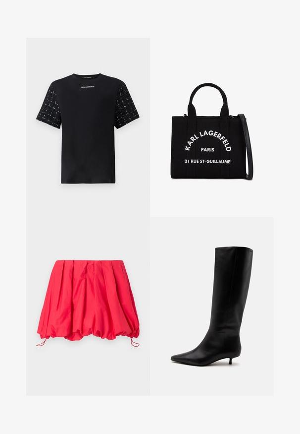 Musthave musta T-särk, millel on sile keha ja tekstuuriga mustriga lühikesed varrukad. Rinna peal on valges kirjas "Karl Lagerfeld" logo.; Punane, voltidega mini seelik, mis on valmistatud kerge kangaga; omaduseks on elastne alläär reguleeritava sobivuse jaoks kinnituspaeltega. Sile tekstuur.; Mustad nahast põlveni saabast, millel on terav nina ja madal kassikand, lihtsa heleda taustaga.; Mustmust kangas käekott kahe ülemise kätse ja eemaldatava õlarihmaga. Omab valget teksti: "KARL LAGERFELD PARIS 21 RUE ST-GUILLAUME."