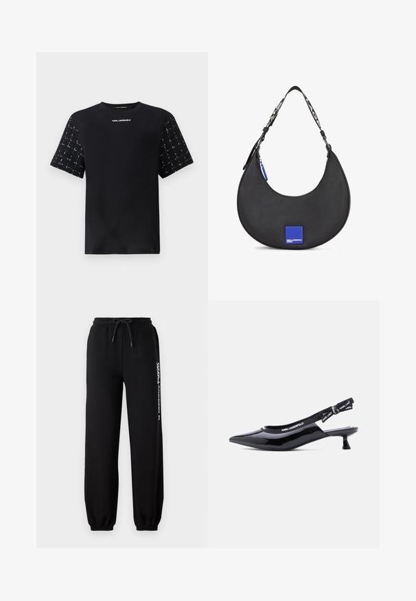 Musthave musta T-särk, millel on sile keha ja tekstuuriga mustriga lühikesed varrukad. Rinna peal on valges kirjas "Karl Lagerfeld" logo.; Mustad mustad pant, millel on elastne vöökoht, reguleeritav nöör ja kitsad lõpposad. Vasakul küljel on valge logo.; Mustast lakknahast rihmik-kitsas kontsakinga terava varbaosaga ja kaubamärgiga elastse rihmaga, millel on tekst "KARL LAGERFELD."; Must mustrist tõmbega must nahast õlakott, millel on sinine ruudukujuline logo aktsent ja kontrastne rihm tekstiga.