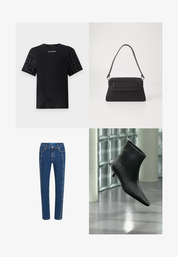 Musthave musta T-särk, millel on sile keha ja tekstuuriga mustriga lühikesed varrukad. Rinna peal on valges kirjas "Karl Lagerfeld" logo.; Tumedast denimist teksapüksid sirge lõikega, millel on kontrastne õmblus ja dekoratiivsed nupud külgõmblustel ja ees olevatel taskutel.; Mustast nahast pahkluu saabas terava varbaotsaga ja madala Kitsuki kontsaga, kuvatud nurga alt läikiva põranda ja klaasplokkseinaga taustal.; Mustmustik käekott, millel on tekstuuriline pind, volditav kaan, millel on reljeefne logo, ja peen õlavarre rihm. Ruudukujuline kuju teravate aktsentidega.