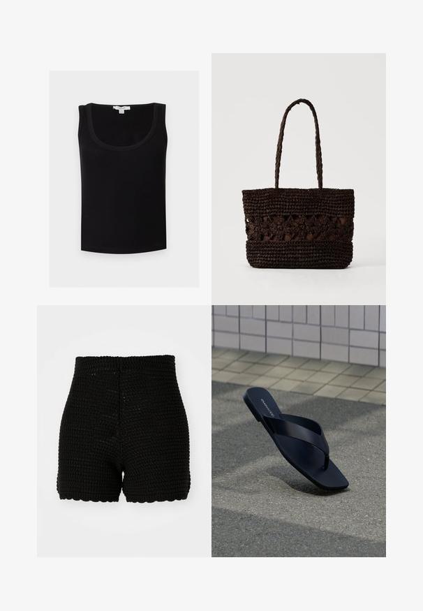 Camiseta sin mangas negra acanalada con escote redondo, etiquetada "Topshop", mostrada sobre fondo blanco.; Shorts de ganchillo negro con textura acanalada, cintura alta y dobladillo con puntilla. Diseñados para una silueta ajustada y material transpirable.; Sandalia negra tipo tanga con punta cuadrada y nombre de la marca en la plantilla, colocada en posición vertical sobre pavimento texturizado cerca de una pared con azulejos.; Bolso tote de color marrón oscuro tejido con patrones florales y dos asas largas trenzadas sobre un fondo claro y sencillo.