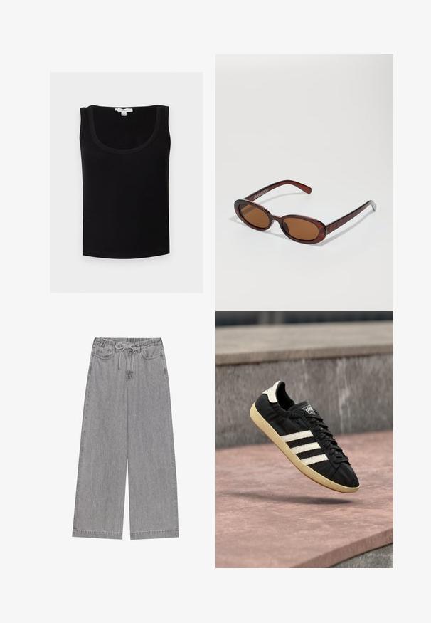 Zwart geribd mouwloos tanktop met ronde hals, met label "Topshop", weergegeven op een witte achtergrond.; Grijze ruime spijkerbroeken gemaakt van denim, met een elastische tailleband met trekkoord, twee voorzakken en een rechte pijpenlijn.; Zwarte Adidas sneaker met witte strepen en beige zool, vastgelegd in de lucht boven een stenen oppervlak en een stenen muur op de achtergrond.; Ronde, bruin getinte zonnebril met een glanzend bordeauxrood frame. Slanke pootjes met subtiele merkdetails. Vlakke lensontwerp.