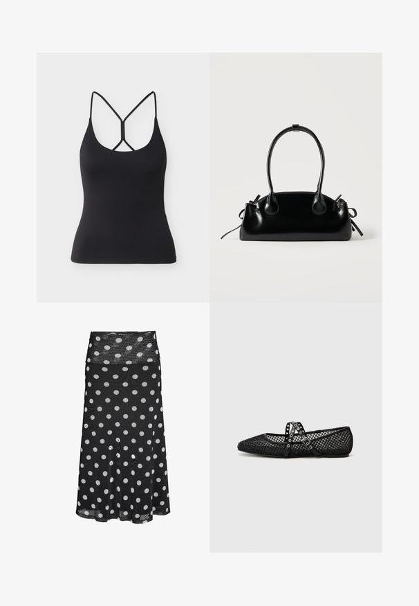 Sort tætsiddende tanktop med tynde stropper og et unikt krydsdesign bagpå på en lysegrå baggrund.; Sort midi nederdel med hvide polkaprikker og bred taljebånd lavet af meshstof.; Sorte mesh ballet flats med spidse tæer, prydet med krydskorte stropper, der har sølvnitter og et tekstureret design.; Lille sort blank håndtaske med to lange håndtag og snøre-detaljer i siden på en ensfarvet lys baggrund.