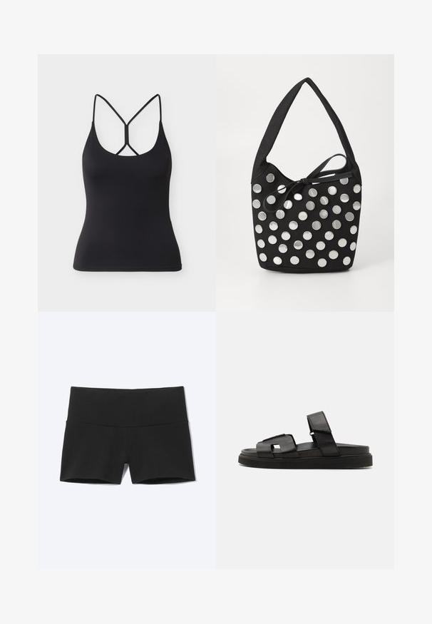 Débardeur noir ajusté avec fines bretelles et un design croisé unique dans le dos sur un fond gris clair.; Shorts de sport noirs moulants avec une large ceinture, conçus pour le confort et la flexibilité.; Sandales slide en cuir noir avec une large bande design à découpes géométriques et une finition texturée, complétées par une semelle en caoutchouc épaisse.; Sac à main en tissu noir, de forme arrondie, orné de clous métalliques ronds en argent disposés en motif, et d'un accent en tissu noué.