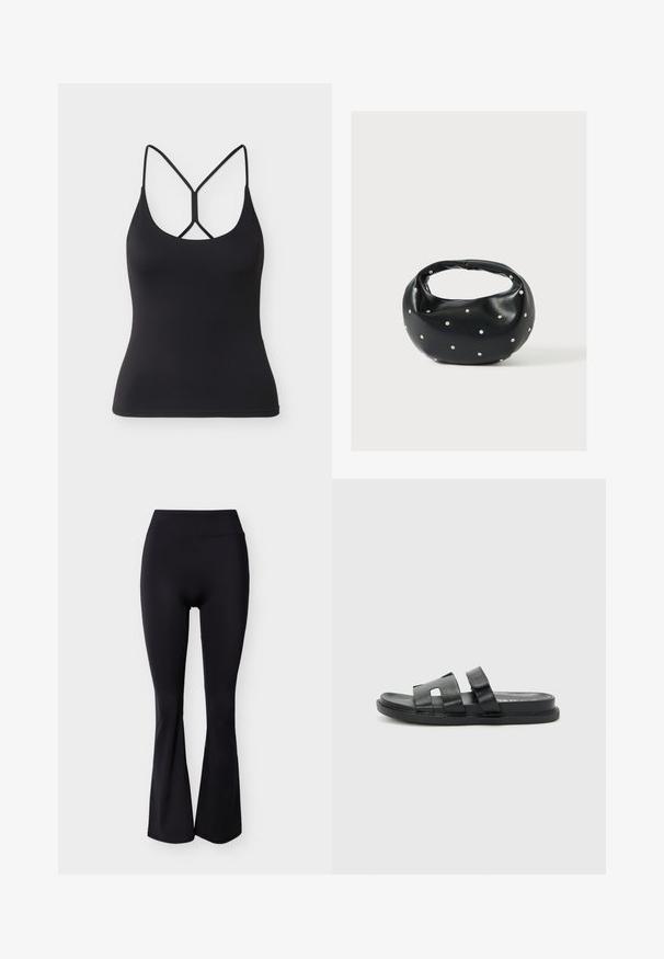 Débardeur noir ajusté avec fines bretelles et un design croisé unique dans le dos sur un fond gris clair.; Leggings noirs taille haute avec un design à jambes évasées, tissu lisse, sans motifs ni ornements visibles.; Sandales à glissière en cuir noir avec deux larges sangles, design ouvert à l'avant et semelle plate. Style minimaliste avec des détails cousus sur la semelle.; Sac à main en cuir noir de forme arrondie, décoré de clous argentés et équipé d'une poignée courte. Texture lisse et fermeture éclair.