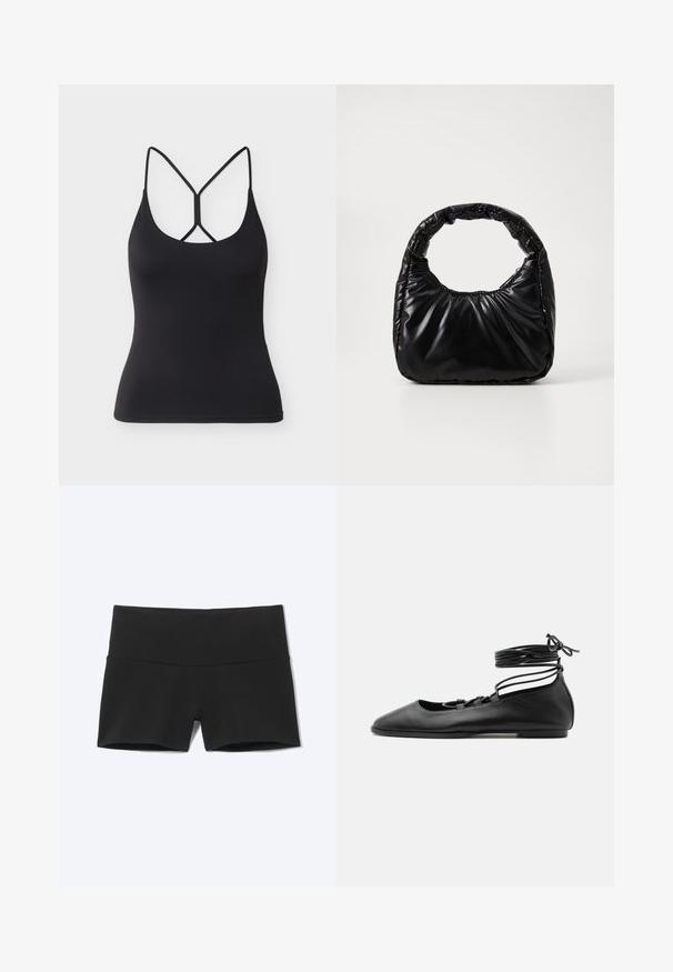 Débardeur noir ajusté avec fines bretelles et un design croisé unique dans le dos sur un fond gris clair.; Short de sport noir extensible taille haute avec une large ceinture et une jambe courte sur fond clair uni.; Chaussure de ballet plate en cuir noir avec un bout pointu, plusieurs fines brides sur le dessus et des lacets enroulés autour de la cheville.; Sac à main noir rembourré avec une poignée arrondie, présentant une surface lisse et brillante ainsi qu'une texture douce et matelassée. Pas de quincaillerie ou d'accents visibles.