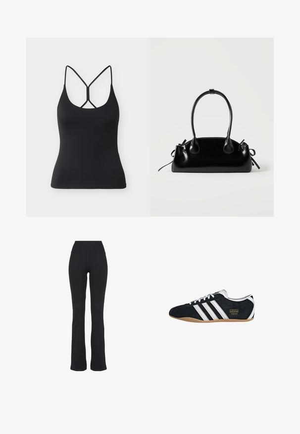 Sort tætsiddende tanktop med tynde stropper og et unikt krydsdesign bagpå på en lysegrå baggrund.; Sorte højtaljede, tætsiddende yogabukser med udvidede ben, præsenteret mod en hvid baggrund.; Sort ruskinds sneaker med hvide tre striber, guldlogo og en brun gummisål. Har et lavprofil snørebåndsdesign.; Lille sort blank håndtaske med to lange håndtag og snøre-detaljer i siden på en ensfarvet lys baggrund.