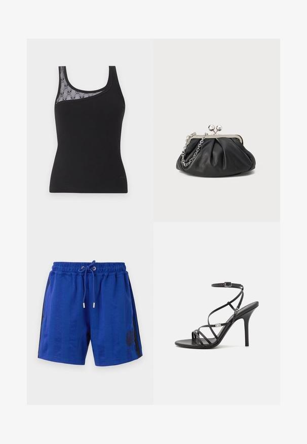 Camiseta negra sin mangas con tela acanalada y un inserto de encaje transparente con un patrón floral en un hombro.; Pantalones cortos deportivos azules con una cintura elástica, cordón, rayas negras laterales y un diseño de heráldica floral. Textura de tela suave.; Sándalo negro de tacón alto con tiras finas, hebilla en el tobillo, superficie de cuero suave y tacón de aguja esbelto.; Clutch de cuero negro con textura arrugada, marco de metal en tono plateado, cierre de beso y cadena para colgar. Superficie suave y lisa.