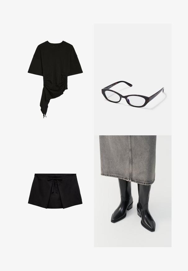 Zwart kort mouw shirt met ronde hals, asymmetrische zoom, zijkant plooien en gedrapeerde stof aan één zijde.; Zwarte wikkelstijl minirok met voorplooidetail en een kleine strik bij de tailleband.; Zwarte leren cowboylaarzen met een spitse neus en een dikke hak, met een gladde afwerking en een strak ontwerp, gecombineerd met een grijze rok.; Cat-eye zonnebril met een glanzend donker tortoise-shell plastic frame, uitgerust met gebogen armen en heldere lenzen. Minimale branding aan de zijkant.