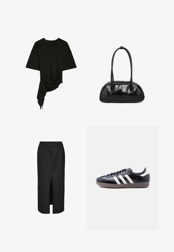 Top noir à manches courtes avec encolure ronde, ourlet asymétrique, fronces latérales et tissu drapé d’un côté.; Jupe midi noire avec une fente devant, réalisée en tissu léger. Elle présente une taille classique et de discrètes poches latérales.; Baskets noires profilées avec motif en relief imitation peau de serpent, bandes blanches sur le côté, lacets noirs et semelle translucide marron.; Sac à main en cuir noir avec une texture craquelée, de forme ovale et deux poignées rondes. Fermeture éclair sur le bord supérieur.