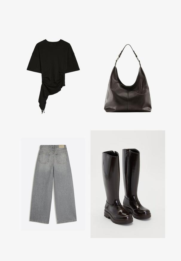 Top noir à manches courtes avec encolure ronde, ourlet asymétrique, fronces latérales et tissu drapé d’un côté.; Jean en denim gris à jambes larges montrant l'arrière avec deux poches et des passants de ceinture, posé à plat sur fond blanc.; Bottes noires brillantes jusqu'aux genoux avec semelles épaisses et fermeture éclair sur le côté, sur un fond blanc uni.; Sac hobo en cuir noir avec bandoulière réglable et surpiqûre centrale visible sur une surface lisse.