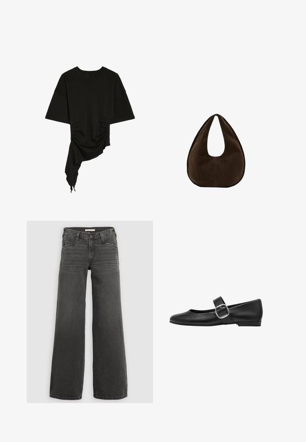 Zwart kort mouw shirt met ronde hals, asymmetrische zoom, zijkant plooien en gedrapeerde stof aan één zijde.; Wijde denim jeans in donkergrijs, met een gestructureerde taille met ceintuurlussen, een ontwerp met vijf zakken en subtiele vervaging op de stof.; Zwarte leren ballerina's met een ronde neus, een enkele verstelbare band en een grote zilveren sluiting. Platte hak en een gladde textuur.; Donkerbruine suède handtas in halve maanvorm met een enkele brede riem en een gladde textuur op een witte achtergrond.