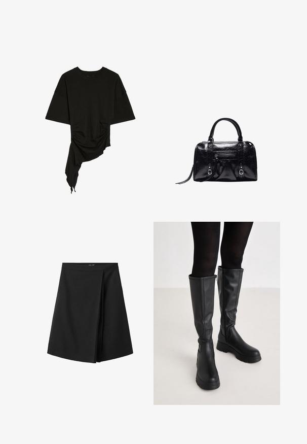 Schwarzes Kurzarm-Top mit rundem Halsausschnitt und asymmetrischem Saum, seitlicher Raffung und drapiertem Stoff auf einer Seite.; Schwarzer knielanger Rock mit geradem Bund und überlappendem Falten-Detail vorne, dargestellt auf weißem Hintergrund.; Even&Odd by Zalando Plateaustiefel - black; Schwarze glänzende Lederhandtasche mit zwei Griffen, Frontreißverschlusstasche, Schnallendetails und einem Handgelenksriemen auf weißem Hintergrund.